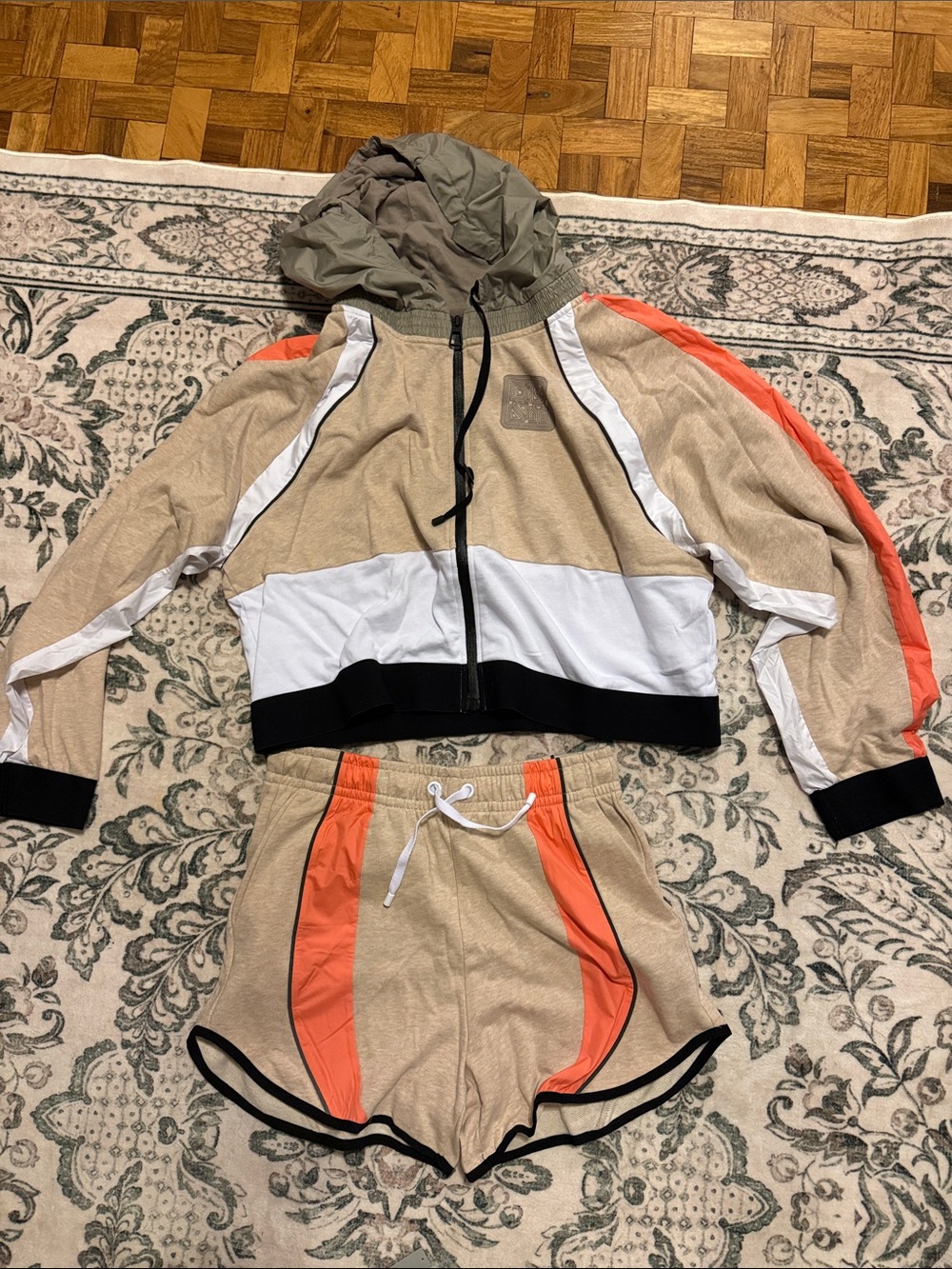DKNY Beige, Coral & White Colorblock Hooded Bomber Set